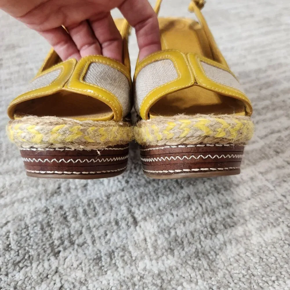 Tory Burch espadrille wedge platform slingback peep-toe sandals yellow size 7